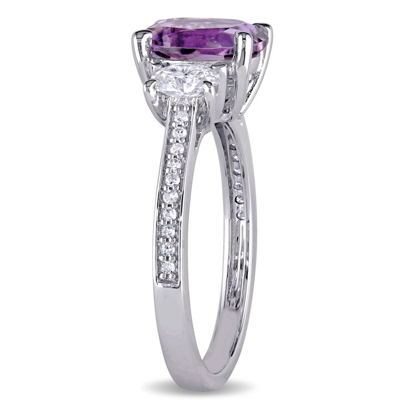 Oval Amethyst and 5/8 CT. T.W. Diamond Three Stone Ring in 14K White Gold