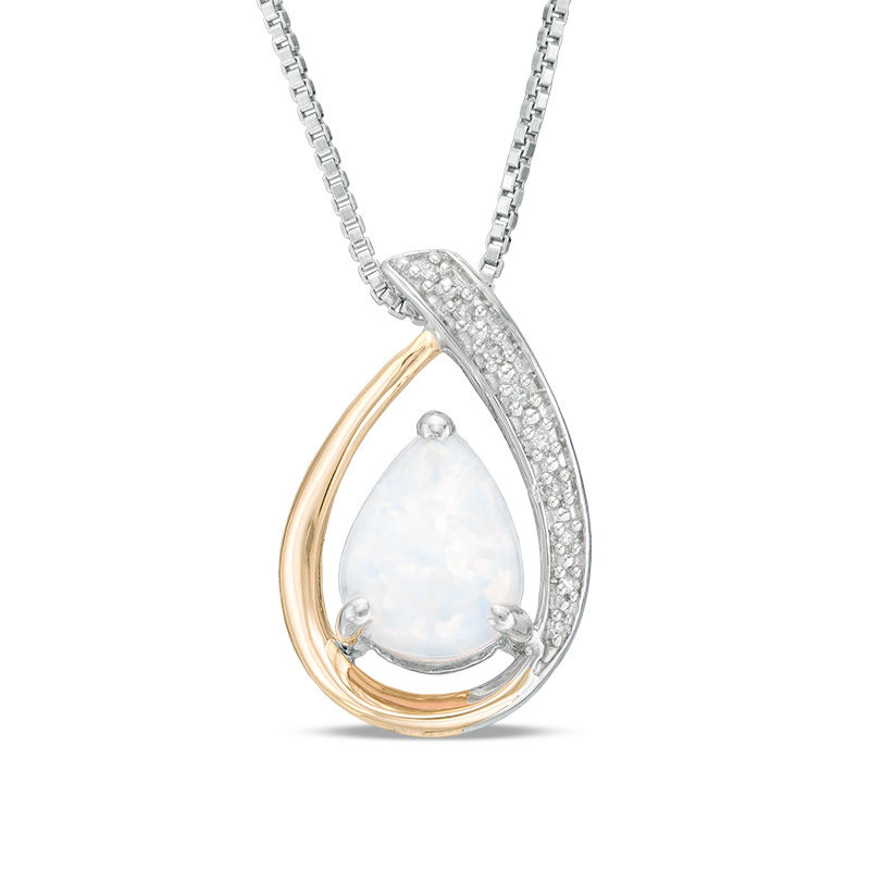Main Image 1 of Pear-Shaped Lab-Created Opal and Diamond Accent Teardrop Pendant in Sterling Silver and 14K Gold