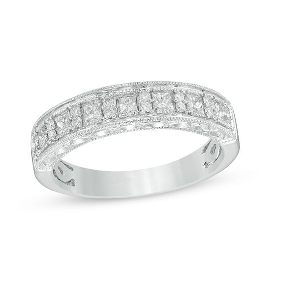 1/2 CT. T.w. Princess-Cut and Round Diamond Alternating Wedding Band in 14K White Gold