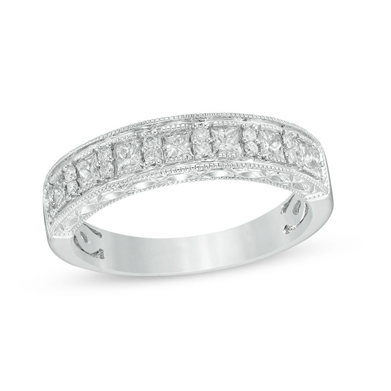 Main Image 1 of 1/2 CT. T.W. Princess-Cut and Round Diamond Alternating Wedding Band in 14K White Gold