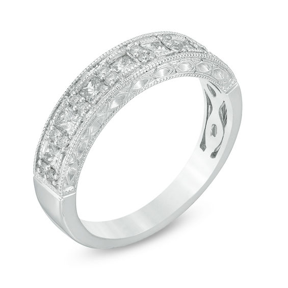 1/2 CT. T.w. Princess-Cut and Round Diamond Alternating Wedding Band in 14K White Gold