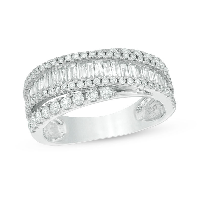 1-1/5 CT. T.W. Baguette and Round Diamond Layered Crossover Band in 14K White Gold