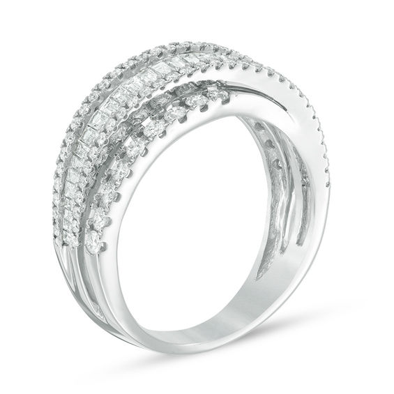 1-1/5 CT. T.w. Baguette and Round Diamond Layered Crossover Band in 14K White Gold