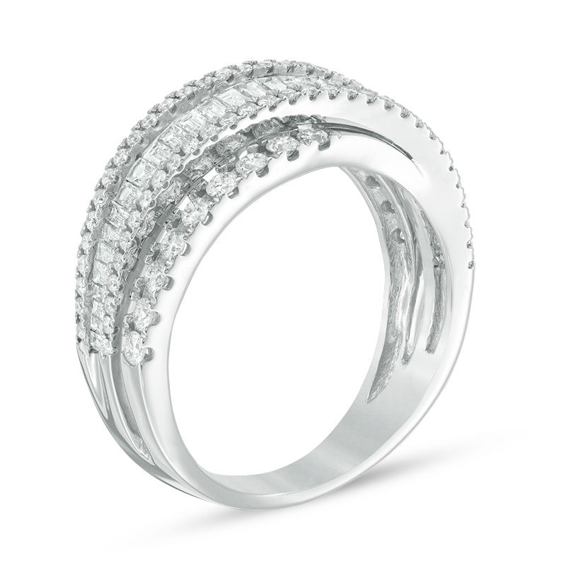 1-1/5 CT. T.W. Baguette and Round Diamond Layered Crossover Band in 14K White Gold