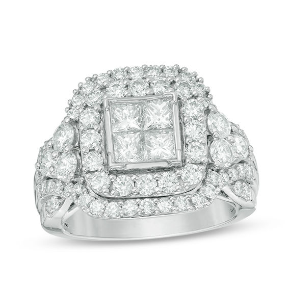 3 CT. T.w. Quad Princess-Cut Diamond Double Frame Engagement Ring in 14K White Gold