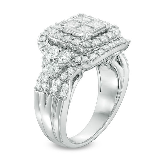 3 CT. T.w. Quad Princess-Cut Diamond Double Frame Engagement Ring in 14K White Gold