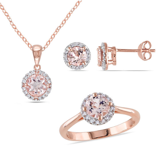 Morganite and 1/4 CT. T.w. Diamond Frame Pendant, Ring and Earrings Set in Sterling Silver with Rose Rhodium - Size 7