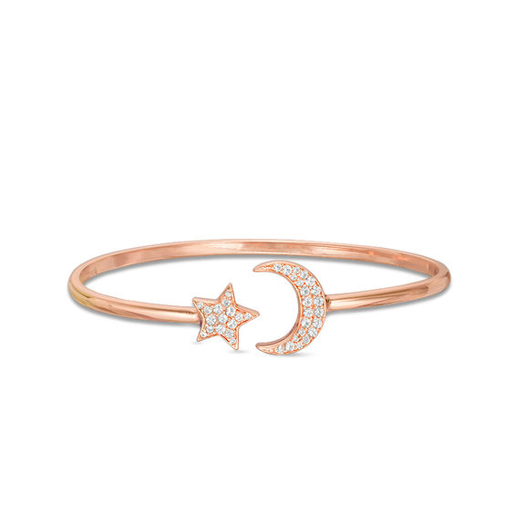 Lab-Created White Sapphire Star and Crescent Moon Open Bangle in Sterling Silver with 18K Rose Gold Plate - 7.25"