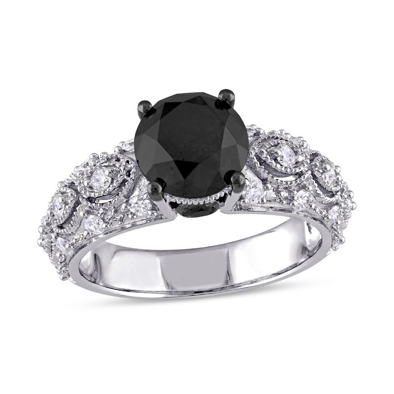 3 CT. T.W. Enhanced Black and White Diamond Vintage-Style Engagement Ring in 10K White Gold