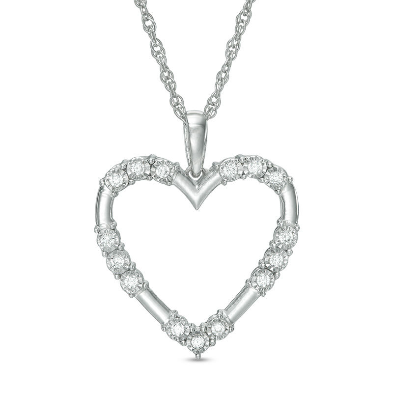 Main Image 1 of 1/8 CT. T.W. Diamond Three Stone Station Heart Pendant in 10K White Gold
