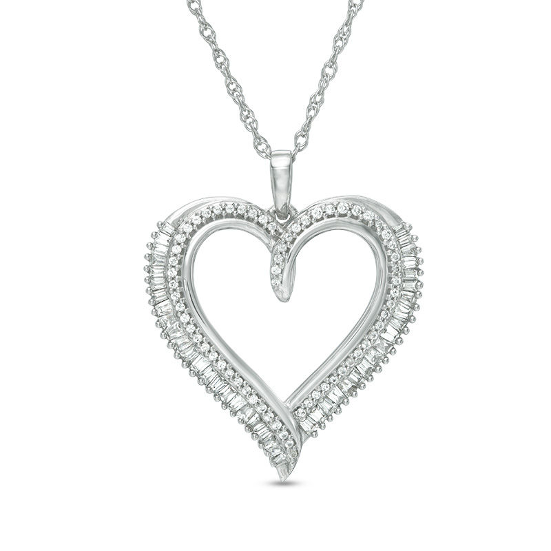 Main Image 1 of 1/2 CT. T.W. Baguette and Round Diamond Heart Pendant in 10K White Gold