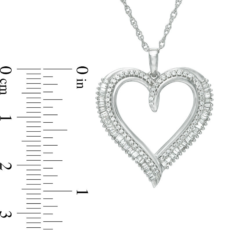 Main Image 2 of 1/2 CT. T.W. Baguette and Round Diamond Heart Pendant in 10K White Gold