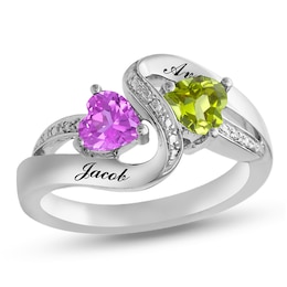 Couple's Heart-Shaped Birthstone and Diamond Accent Bypass Wave Ring (2 Stones and Names)