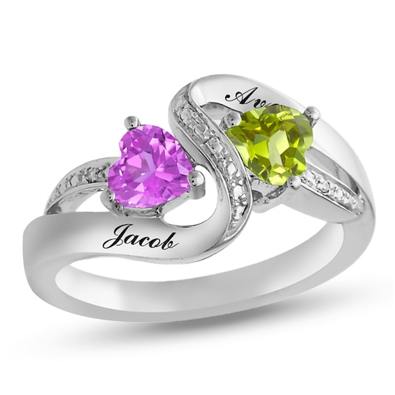 Couple's Heart-Shaped Birthstone and Diamond Accent Bypass Wave Ring (2 Stones and Names)