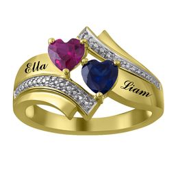 Couple's Heart-Shaped Birthstone and Diamond Accent Bypass Ring (2 Stones and Names)