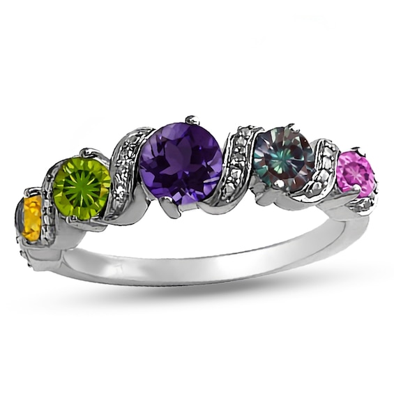 Mother's Birthstone and Diamond Accent "S" Wave Ring (5 Stones)