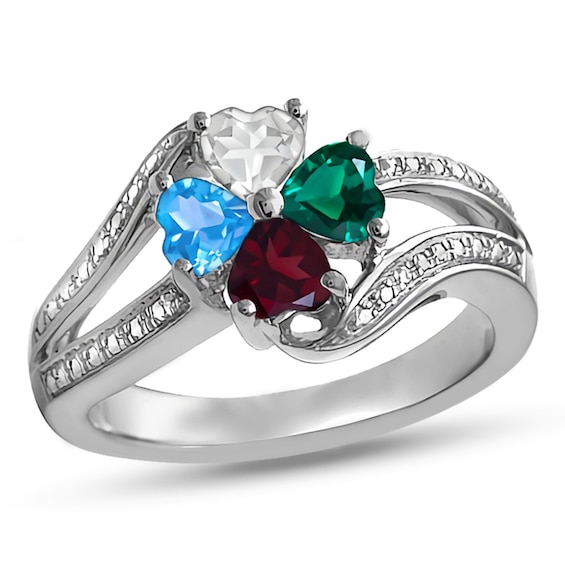 Mother's Quad Heart-Shaped Birthstone Clover Split Shank Ring (4 Stones)