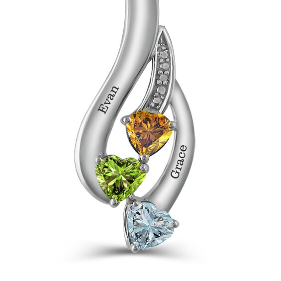 Birthstone and Diamond Accent Flame Pendant (3 Stones and 2 Names)