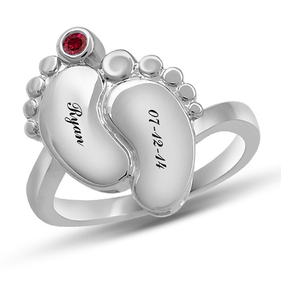 Mother's Birthstone Baby Footprints Ring (1 Stone and 2 Lines)