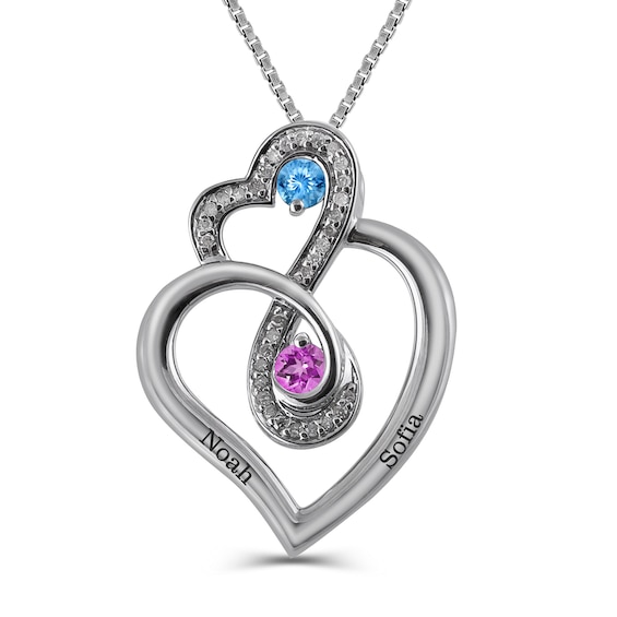 Couple's Birthstone and 1/10 CT. T.w. Diamond Heart with Infinity Pendant (2 Stones and Names)