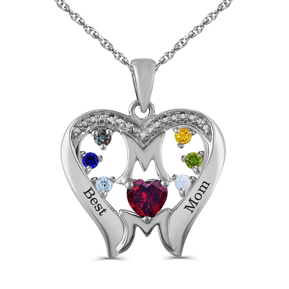 Birthstone Heart and Mom Pendant (2-7 Stones and 2 Lines)