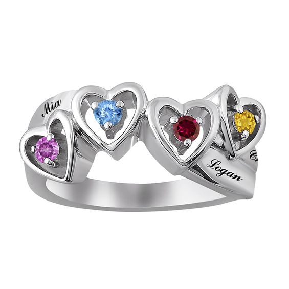Mother's Birthstone Hearts Ring (1-4 Stones and Names)