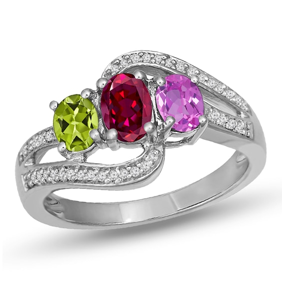 Mother's Oval Birthstone and 1/8 CT. T.w. Diamond Three Stone Bypass Frame Ring (3 Stones)