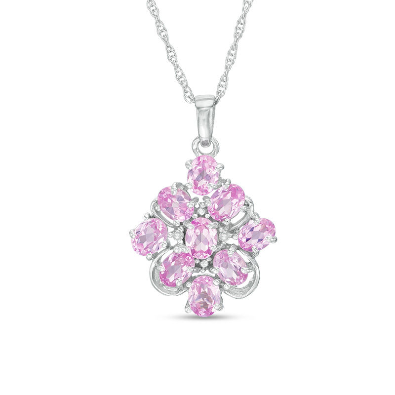 Main Image 1 of Oval Lab-Created Pink Sapphire and Diamond Accent Pendant in Sterling Silver