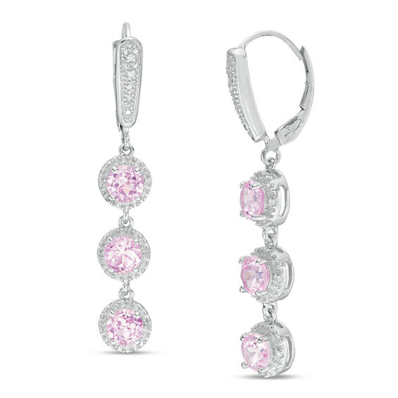 5.0mm Lab-Created Pink Sapphire and Diamond Accent Three Stone Drop Earrings in Sterling Silver