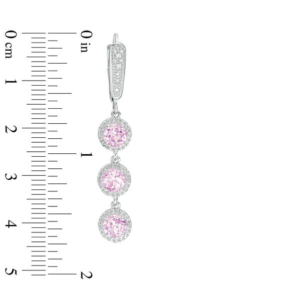 5.0mm Lab-Created Pink Sapphire and Diamond Accent Three Stone Drop Earrings in Sterling Silver