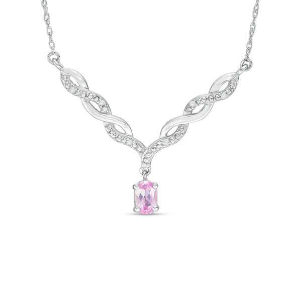 Oval Lab-Created Pink Sapphire and Diamond Accent Twist Chevron Necklace in Sterling Silver