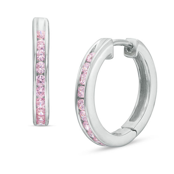 Lab-Created Pink Sapphire Huggie Hoop Earrings in Sterling Silver
