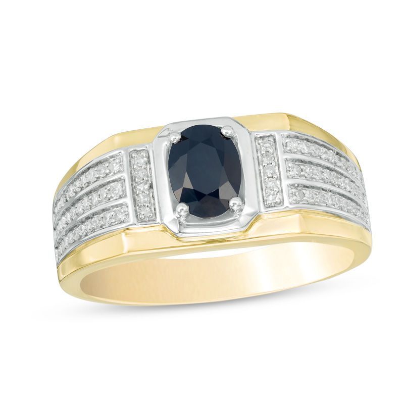 Men's Oval Blue Sapphire and 1/4 CT. T.W. Diamond Ring in 10K Two-Tone ...