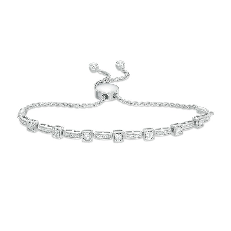 Main Image 1 of 1/3 CT. T.W. Diamond Cushion Frame Station Vintage-Style Bolo Bracelet in 10K White Gold - 9.5"