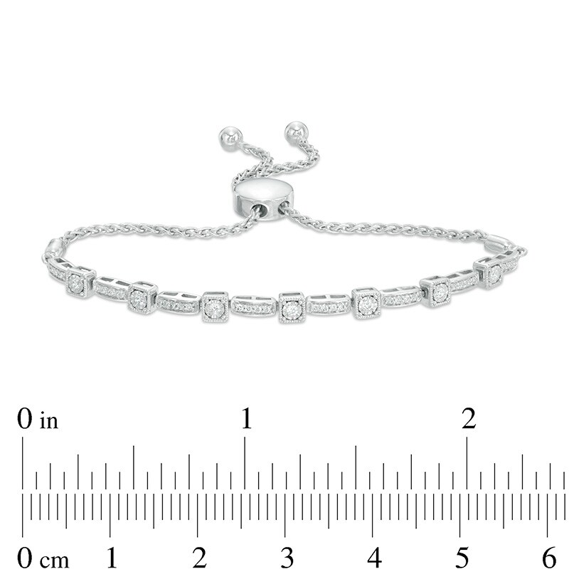 Main Image 2 of 1/3 CT. T.W. Diamond Cushion Frame Station Vintage-Style Bolo Bracelet in 10K White Gold - 9.5"