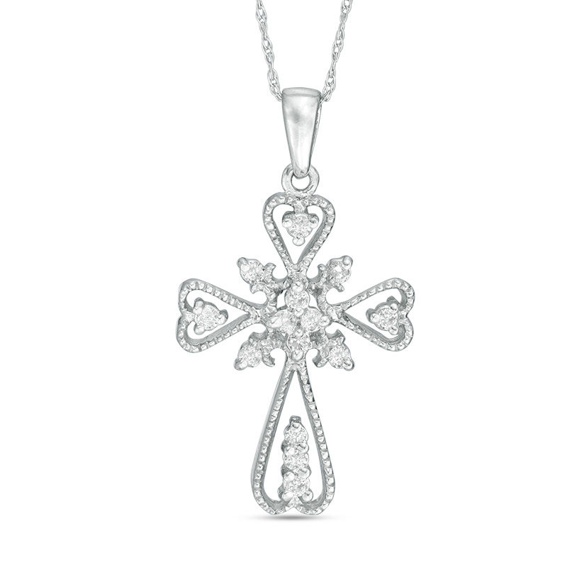 Main Image 1 of 1/5 CT. T.W. Diamond Heart Cross Pendant in 10K White Gold