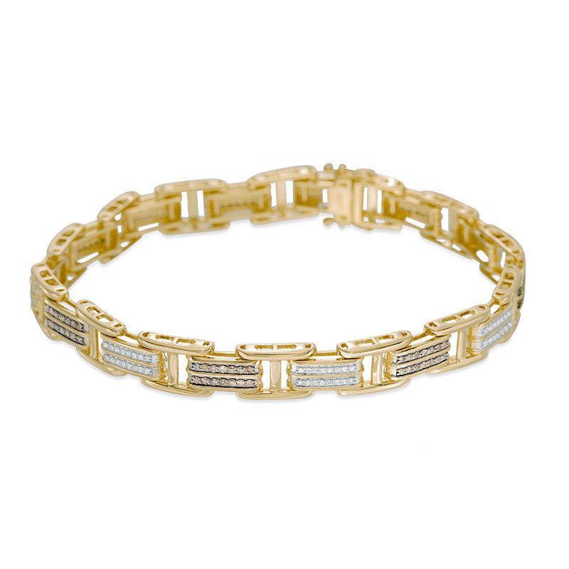 Men's 1 CT. T.W. Champagne and White Diamond Double Row Link Bracelet in 10K Gold - 8.5"