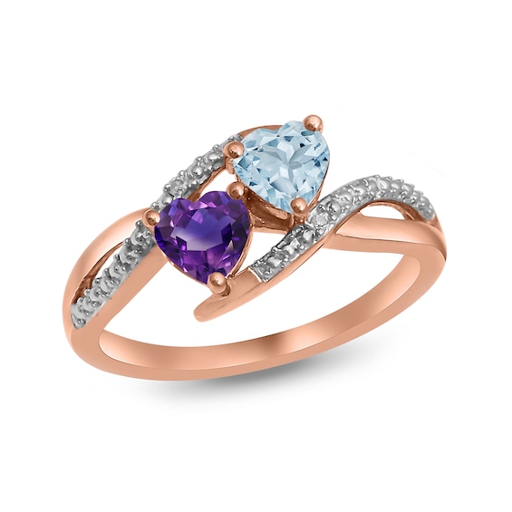 Couple's Heart-Shaped Birthstone and Diamond Accent Split Shank Ring (2 Stones)