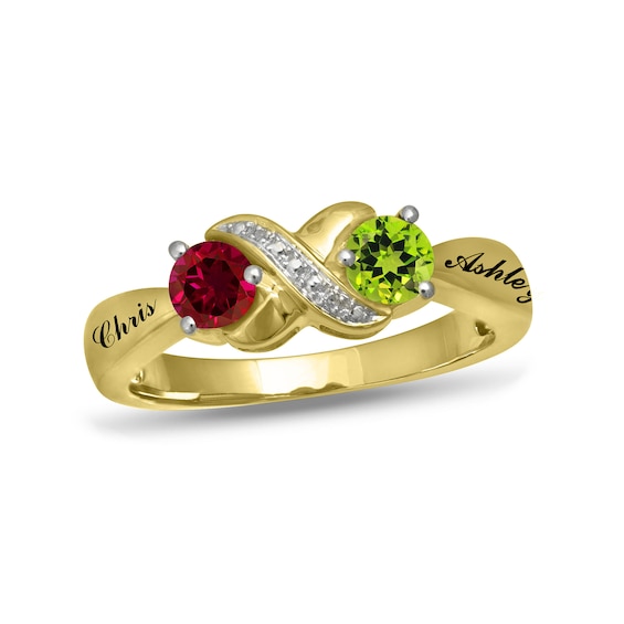 Couple's Birthstone and Diamond Accent Infinity Ring (2 Stones and Names)