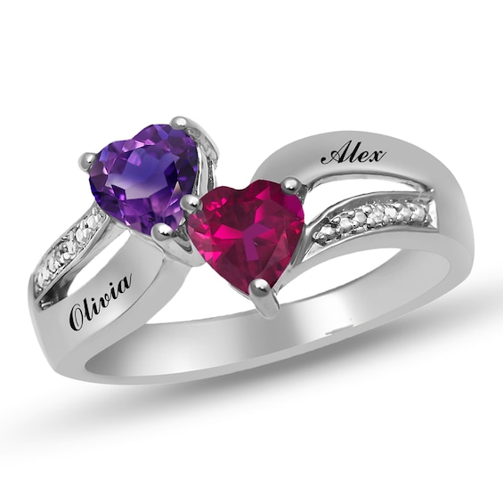 Couple's Heart-Shaped Birthstone and Diamond Accent Split Shank Ring (2 Stones and Names)