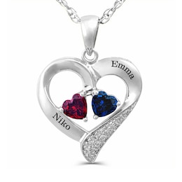 Couple's Birthstone and Diamond Accent Heart Pendant (2 Stones and Names)