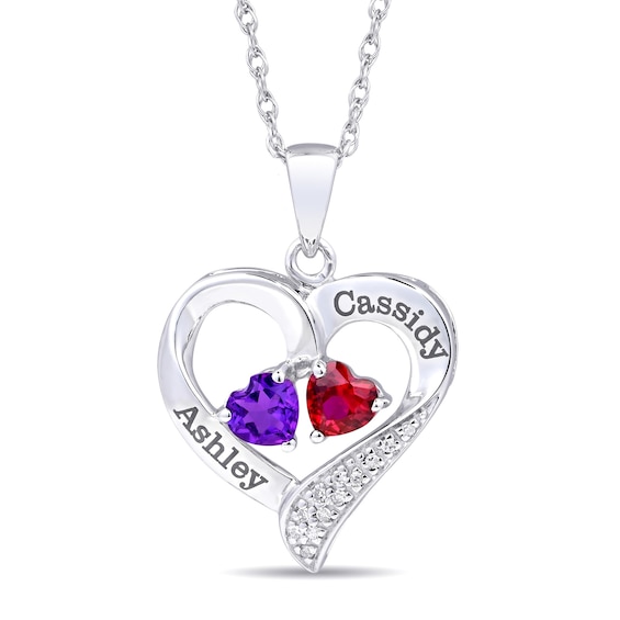 Couple's Birthstone and Diamond Accent Heart Pendant (2 Stones and Names)