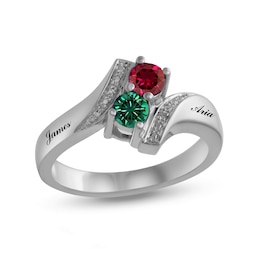 Couple's Birthstone and Diamond Accent Bypass Ring (2 Stones and Names)