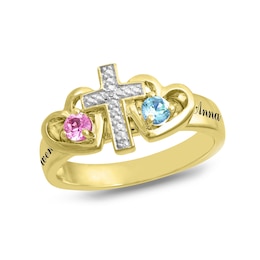 Couple's Birthstone and Diamond Accent Cross Hearts Ring (2 Stones and Names)