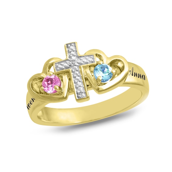 Couple's Birthstone and Diamond Accent Cross Hearts Ring (2 Stones and Names)