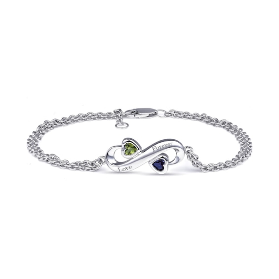 Couple's 4.0mm Heart-Shaped Birthstone Infinity Bracelet in Sterling Silver (2 Stones and Names)