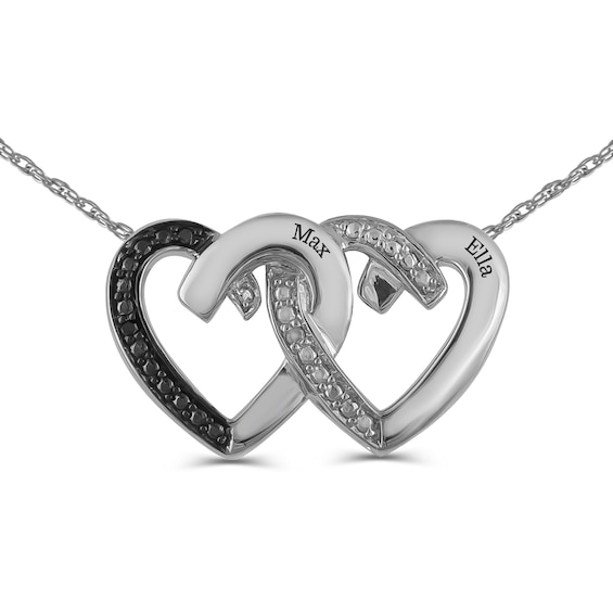 Couple's Enhanced Black and White Diamond Accent Interlocking Hearts Necklace (2 Names)