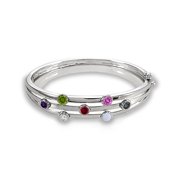 Mother's 4.0mm Birthstone Bubble Bangle Bracelet in Sterling Silver (7 Stones)