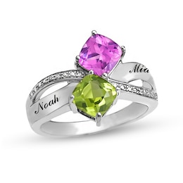 Couple's 6.0mm Cushion-Cut Birthstone and Diamond Accent Split Shank Crossover Ring (2 Stones and Names)