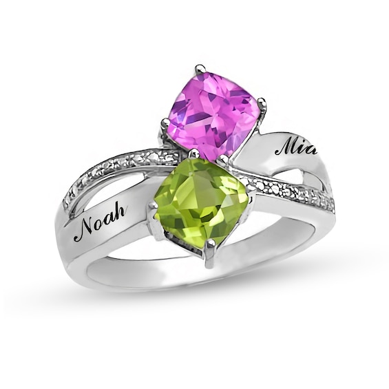 Couple's 6.0mm Cushion-Cut Birthstone and Diamond Accent Split Shank Crossover Ring (2 Stones and Names)